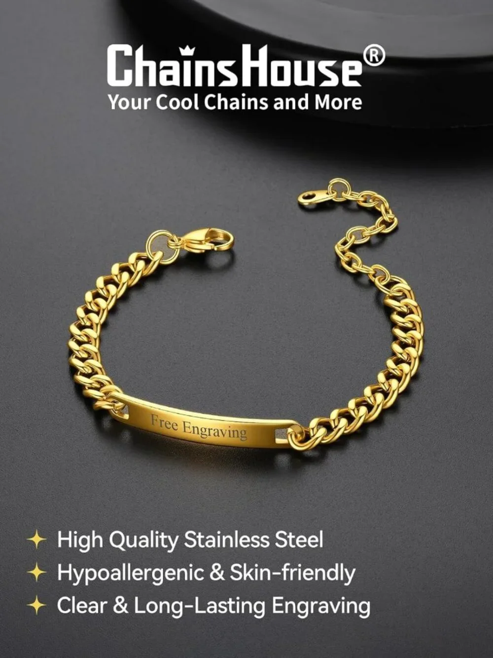 Personalized Stainless Steel ID Bracelet for Men & Women, Custom Engraved Curb